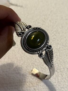 Silver Cuff Bracelet with Olive Green Stone